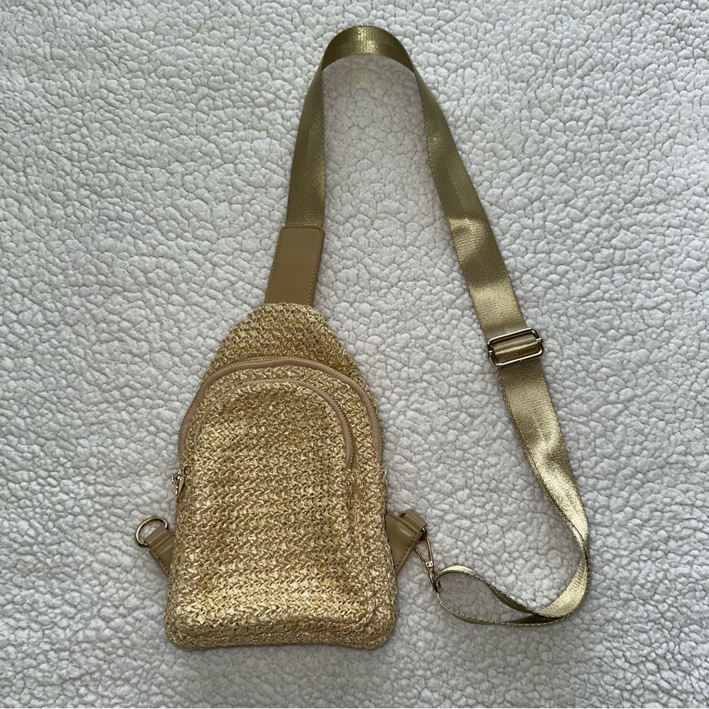 Urban Expressions straw woven crossbody sling bag adjustable strap zippers gold - Picture 11 of 15